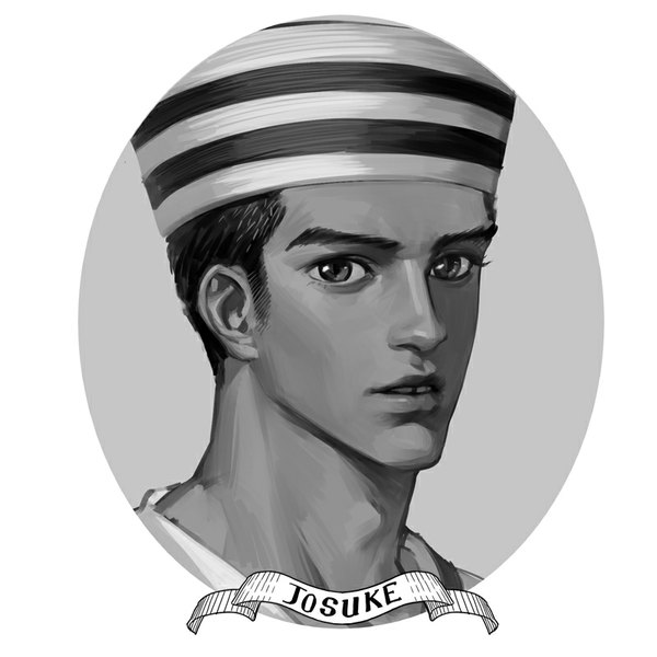 Anime picture 800x800 with jojo no kimyou na bouken jojolion higashikata jousuke (jojolion) emg (christain) single looking at viewer short hair simple background white background parted lips lips realistic character names monochrome portrait boy hat