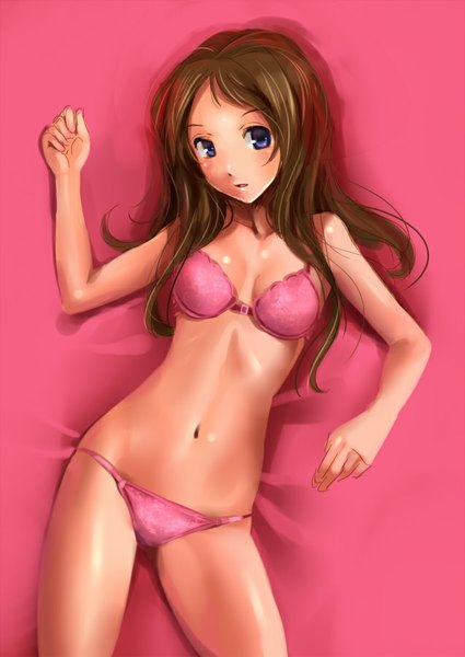 Anime picture 637x900 with original katahira masashi single long hair tall image looking at viewer blue eyes light erotic simple background brown hair bare shoulders lying bare belly on back underwear only shiny skin pink background girl navel underwear