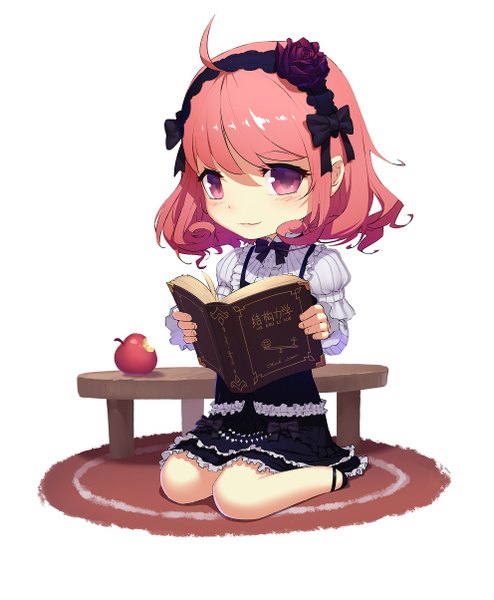 Anime picture 992x1204 with original daye bie qia lian single tall image looking at viewer blush fringe short hair simple background white background pink hair pink eyes chibi dress book (books) fruit apple