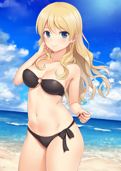 Anime picture 2894x4093 with girls und panzer darjeeling (girls und panzer) n.g. single long hair tall image looking at viewer blush fringe highres breasts blue eyes light erotic blonde hair smile hair between eyes standing sky cleavage cloud (clouds)