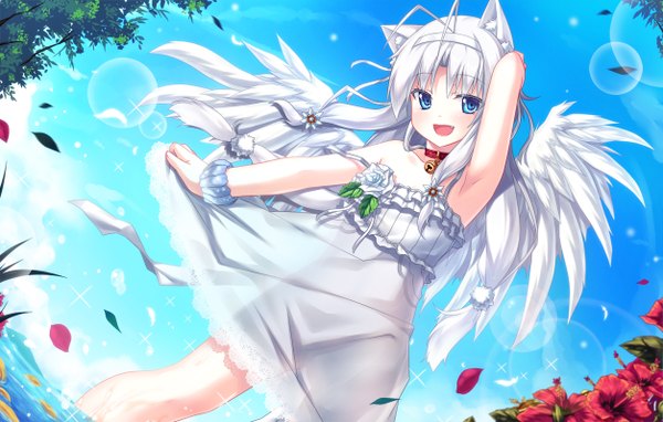 Anime picture 1254x800 with original yano mitsuki long hair blush open mouth blue eyes animal ears white hair cat ears girl flower (flowers) petals wings hairband sundress