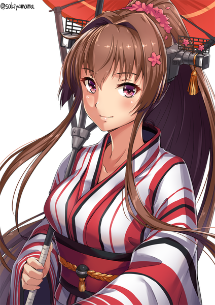 Anime picture 800x1131 with kantai collection yamato super battleship sakiyamama single long hair tall image looking at viewer blush fringe breasts simple background hair between eyes brown hair large breasts white background holding signed payot upper body ponytail