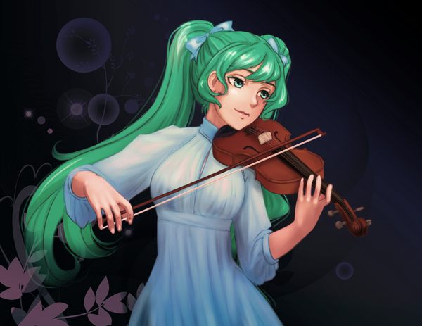 Anime picture 1399x1080 with everlasting summer vocaloid iichan eroge hatsune miku orika nekoi single long hair fringe standing twintails green eyes looking away fingernails green hair playing instrument girl dress bow hair bow white dress