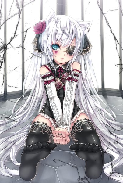 Anime picture 1000x1482 with original geike unkq single tall image looking at viewer sitting twintails animal ears silver hair very long hair hair flower aqua eyes lipstick facial mark lolita fashion goth-loli gothic girl thighhighs