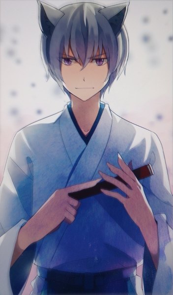 Anime picture 588x1000 with kamisama hajimemashita tomoe (kamisama hajimemashita) takerusilt single tall image looking at viewer fringe short hair hair between eyes standing purple eyes animal ears upper body traditional clothes japanese clothes grey hair fox ears fox boy boy fan