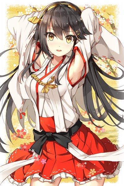 Anime picture 751x1125 with kantai collection haruna battleship rin yuu single long hair tall image looking at viewer blush fringe breasts open mouth black hair smile hair between eyes yellow eyes long sleeves traditional clothes japanese clothes light smile wide sleeves