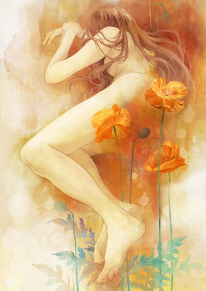 Anime picture 850x1200 with original degrees celsius single long hair tall image light erotic brown hair lying nude girl flower (flowers) toes poppy