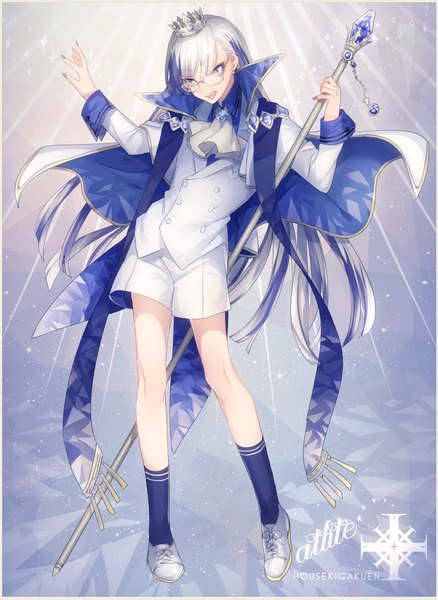 Anime picture 800x1095 with original asuda (artist) single long hair tall image looking at viewer fringe open mouth standing nail polish multicolored hair fingernails two-tone hair grey eyes girl socks glasses suit staff crown