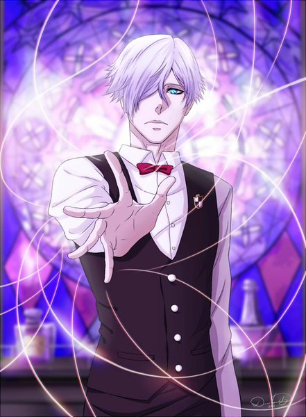Anime picture 700x951 with death parade madhouse decim (death parade) divineimmortality single tall image looking at viewer fringe short hair blue eyes standing green eyes signed silver hair hair over one eye outstretched arm magic boy shirt white shirt