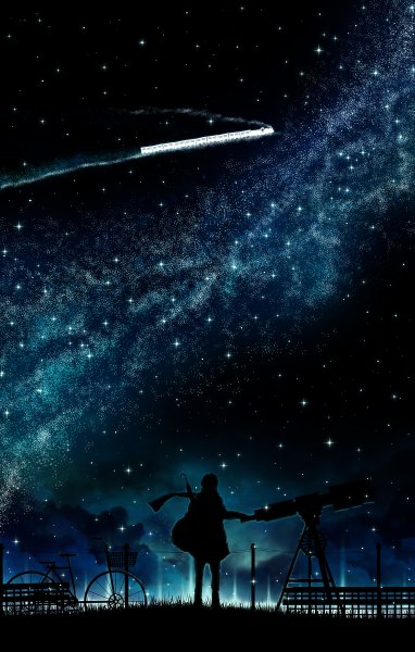 Anime picture 764x1200 with original harada miyuki single tall image standing outdoors wind night night sky smoke silhouette milky way boy scarf star (stars) umbrella ground vehicle power lines train bicycle