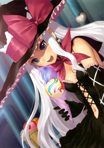 Anime picture 3284x4661 with shining (series) shining hearts melty de granite tony taka single long hair tall image highres open mouth purple eyes absurdres white hair witch girl dress gloves bow earrings elbow gloves food