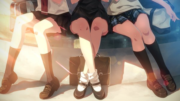 Anime picture 3840x2160 with original yuuki tatsuya highres wide image sitting multiple girls absurdres pleated skirt sunlight scan wallpaper legs plaid skirt head out of frame girl dress skirt uniform school uniform miniskirt