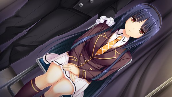 Anime picture 1280x720 with saimin yuugi hidaka maiya sayori long hair black hair wide image sitting yellow eyes game cg girl skirt uniform school uniform miniskirt socks necktie hairband black socks