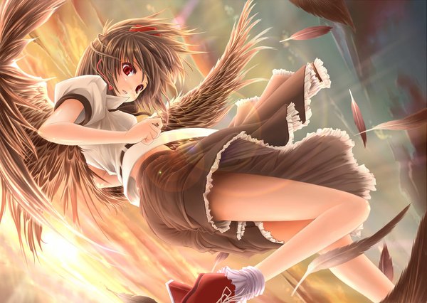 Anime picture 1100x782 with touhou shameimaru aya gizensha single blush short hair black hair red eyes sky cloud (clouds) evening sunset girl skirt shirt wings feather (feathers)