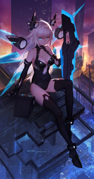 Anime picture 2551x4819 with choujigen game neptune noire black heart swd3e2 single long hair tall image looking at viewer fringe highres blue eyes light erotic smile hair between eyes sitting holding signed cleavage full body white hair