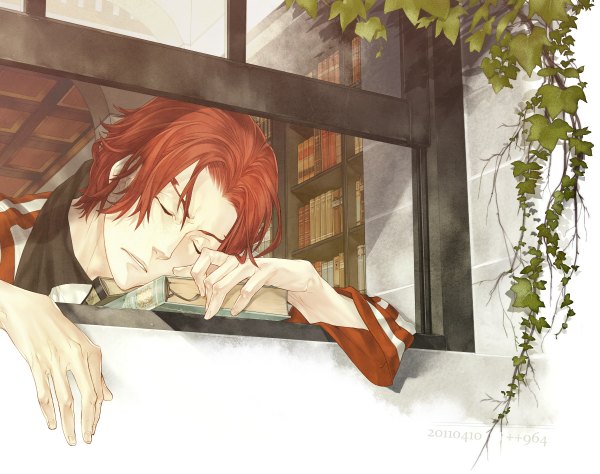 Anime picture 1200x948 with gensou suikoden gensou suikoden ii seed kaburaya single short hair open mouth red hair indoors eyes closed inscription sleeping boy plant (plants) window book (books) leaf (leaves) hands library