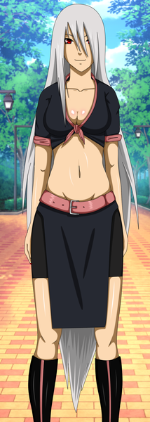 Anime picture 1000x2797 with nekanon tagme (character) flowerinhell single long hair tall image looking at viewer fringe red eyes standing sky cloud (clouds) white hair hair over one eye midriff girl navel plant (plants) tree (trees) belt