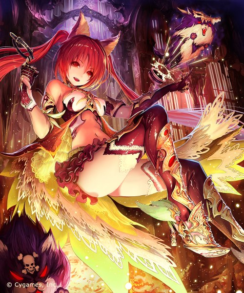 Anime picture 1000x1200 with shingeki no bahamut cerberus (shingeki no bahamut) tachikawa mushimaro (bimo) single long hair tall image looking at viewer highres open mouth light erotic red eyes twintails animal ears absurdres red hair scan midriff girl thighhighs dress