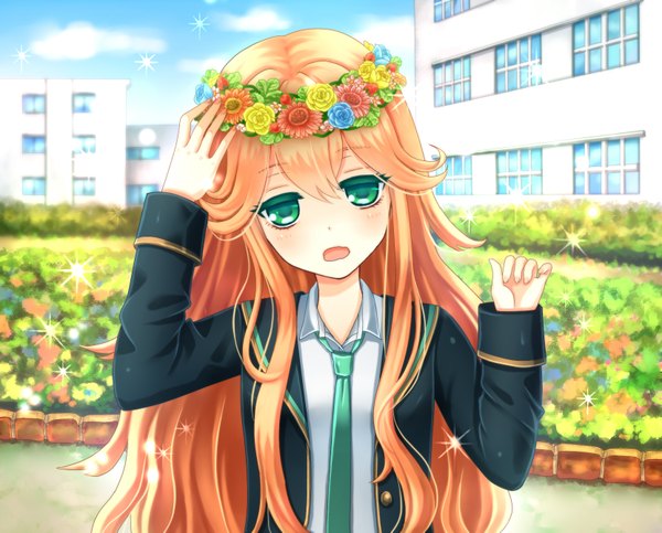 Anime picture 1663x1341 with original ysko13 long hair blush open mouth green eyes orange hair girl uniform flower (flowers) school uniform necktie wreath