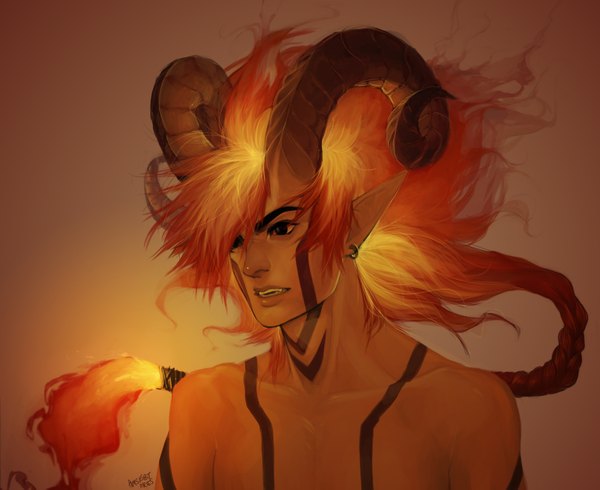 Anime picture 3228x2638 with original amsbt single long hair highres simple background absurdres red hair braid (braids) multicolored hair pointy ears black eyes tattoo piercing single braid facial mark topless face paint zodiac aries (zodiac)