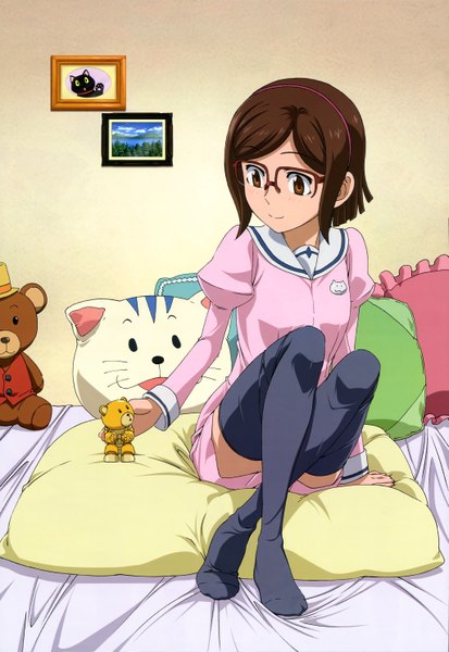 Anime picture 4090x5944 with mobile suit gundam gundam build fighters sunrise (studio) nyantype kousaka china tagme (artist) tall image highres short hair brown hair brown eyes absurdres official art girl thighhighs dress black thighhighs glasses hairband pillow