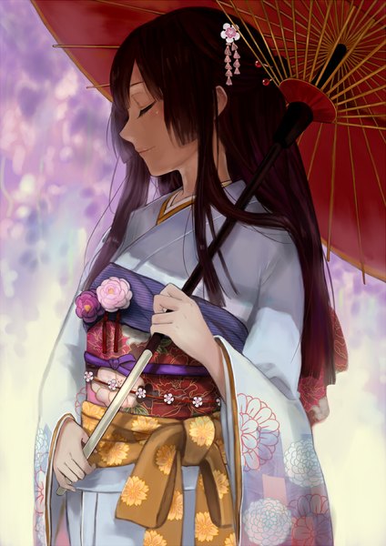 Anime picture 800x1131 with original pisuke single long hair tall image brown hair standing holding eyes closed traditional clothes japanese clothes profile light smile blurry hime cut girl hair ornament flower (flowers) kimono hairclip