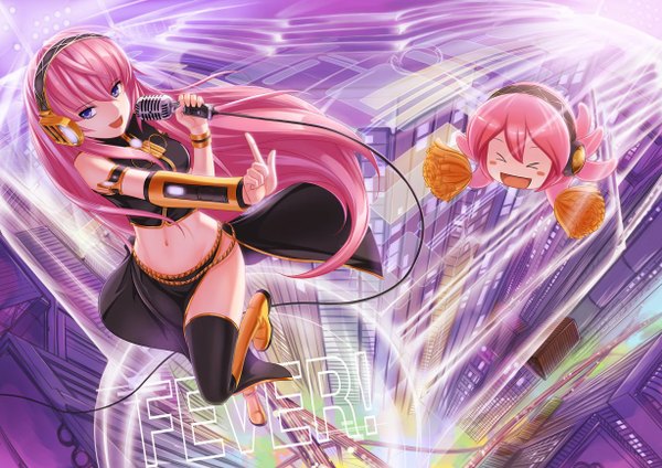 Anime picture 1228x868 with vocaloid megurine luka takoluka r.p.s long hair looking at viewer open mouth blue eyes pink hair midriff city girl thighhighs skirt navel black thighhighs bracelet headphones skirt set microphone