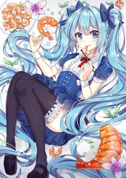 Anime picture 2480x3507 with project diva f 2nd vocaloid hatsune miku shanguier single tall image looking at viewer blush fringe highres blue eyes hair between eyes twintails payot blue hair bent knee (knees) very long hair sparkle puffy sleeves eating