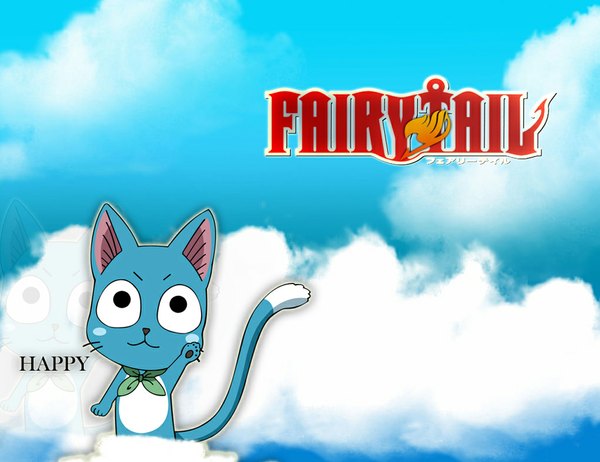 Anime picture 1024x789 with fairy tail happy (fairy tail) smile sky cloud (clouds) black eyes inscription copyright name animal cat