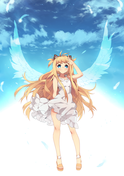 Anime picture 1240x1754 with vocaloid seeu btoor single long hair tall image blush blue eyes blonde hair sky cloud (clouds) girl wings feather (feathers) sundress