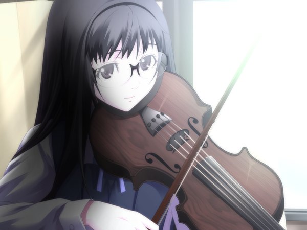 Anime picture 1024x768 with kansen ball buster single long hair black hair game cg black eyes girl glasses violin bow (instrument)