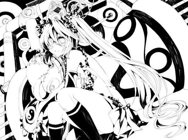 Anime picture 1300x972 with vocaloid tsumi to batsu (vocaloid) hatsune miku macco (artist) single long hair sitting twintails monochrome lineart high contrast girl skirt detached sleeves socks toy eyepatch stuffed animal