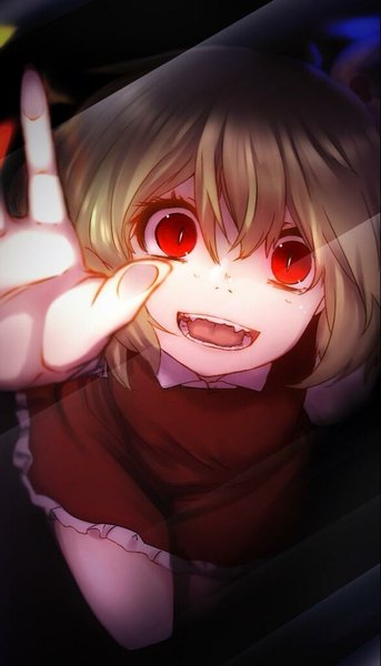 Anime picture 586x1024 with touhou flandre scarlet terimayo single tall image looking at viewer short hair open mouth blonde hair red eyes outstretched arm vampire against glass girl dress wings