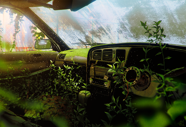 Anime-Bild 1100x751 mit original mocha (cotton) light no people ruins green background car interior abandoned plant (plants) window grass ground vehicle mirror car moss