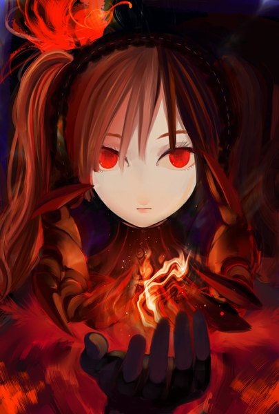 Anime picture 676x1000 with seisen no iberia sound horizon layla harano single long hair tall image looking at viewer red eyes brown hair twintails girl dress hairband flame