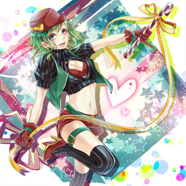 Anime picture 1225x1225 with vocaloid gumi ao+beni single looking at viewer blush short hair open mouth blue eyes green hair girl thighhighs gloves navel black thighhighs hat earrings shorts striped thighhighs