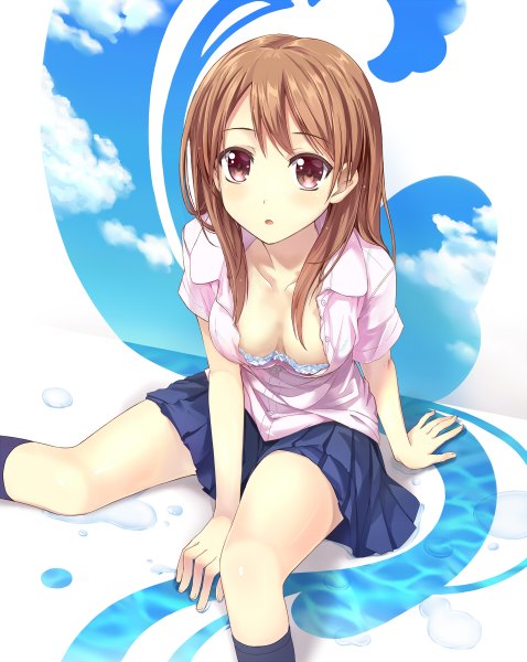 Anime picture 955x1200 with original orda single long hair tall image looking at viewer breasts light erotic brown hair sitting brown eyes pleated skirt open clothes :o open shirt girl skirt miniskirt shirt water