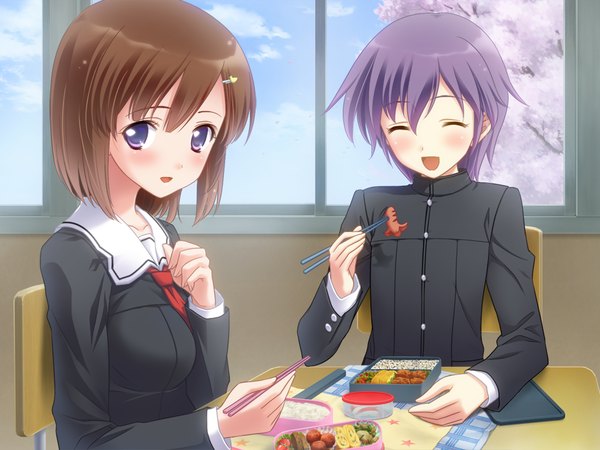 Anime picture 1024x768 with hiyoko strike! (game) kurasumeito a yasuyuki blush short hair open mouth brown hair purple eyes game cg purple hair eyes closed girl boy uniform school uniform food obento