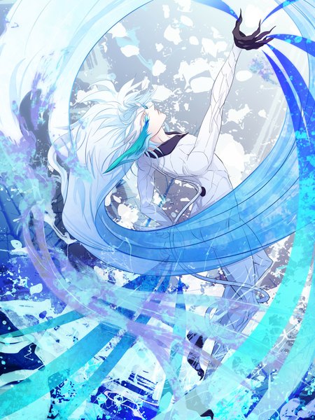 Anime picture 1450x1933 with bleach studio pierrot grimmjow jeagerjaques single long hair tall image blue eyes blue hair looking back espada arrancar boy