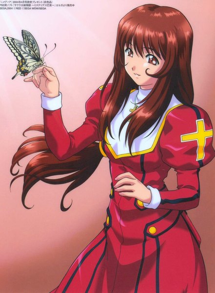 Anime picture 1194x1624 with sakura taisen erica fontaine single long hair tall image simple background brown hair brown eyes light smile butterfly on hand girl insect butterfly cross