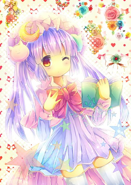 Anime picture 707x1000 with touhou patchouli knowledge pjrmhm coa single long hair tall image looking at viewer blush red eyes twintails purple hair one eye closed wink alternate hairstyle girl thighhighs dress hair ornament flower (flowers) white thighhighs
