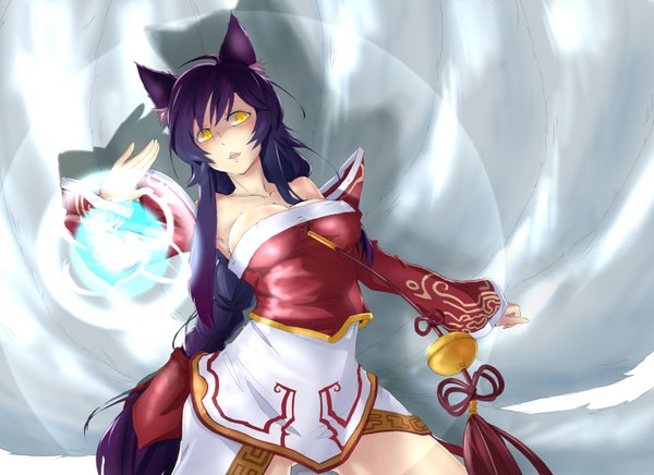 Anime picture 1600x1164 with league of legends ahri (league of legends) single long hair breasts open mouth large breasts animal ears yellow eyes purple hair animal tail magic multiple tails girl detached sleeves