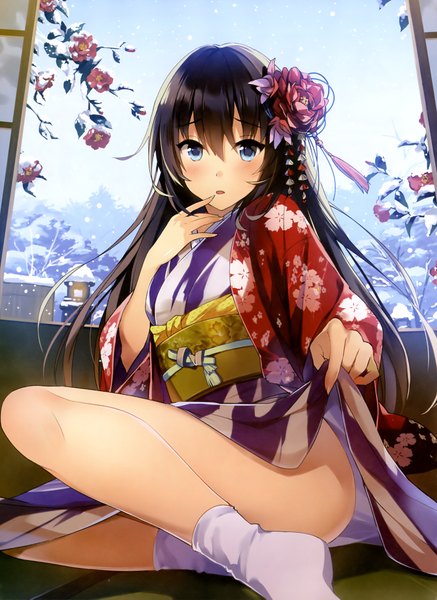 Anime picture 2888x3962 with dengeki moeou tousaki umiko single long hair tall image looking at viewer blush fringe highres open mouth blue eyes light erotic black hair sitting sky bent knee (knees) ass outdoors traditional clothes japanese clothes