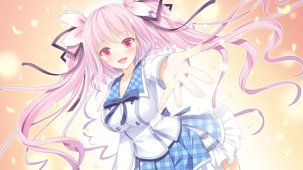 Anime picture 1280x720 with sakura synchronicity kamishiro rise alto seneka single long hair blush breasts open mouth smile red eyes wide image twintails pink hair game cg girl uniform ribbon (ribbons) hair ribbon school uniform