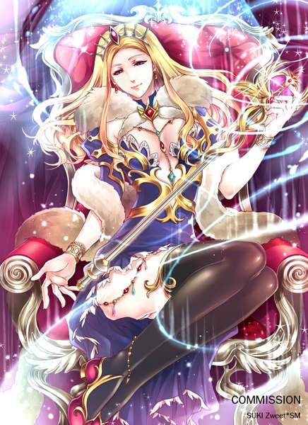 Anime picture 727x1000 with sukiblog single long hair tall image blue eyes light erotic blonde hair smile cleavage lips girl thighhighs hair ornament black thighhighs earrings bracelet jewelry crown throne scepter