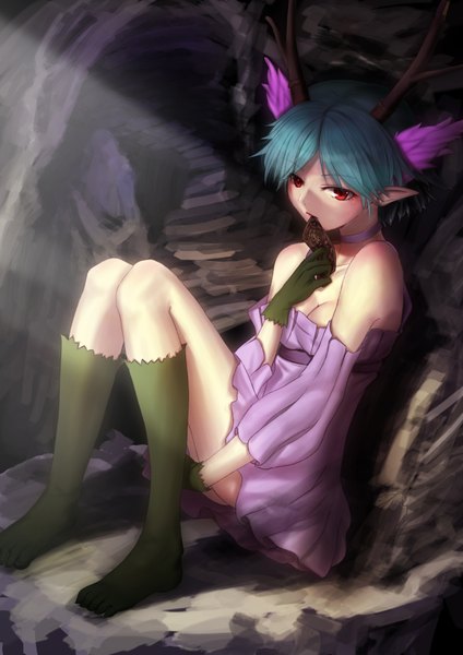 Anime picture 1240x1754 with c: the money of soul and possibility control q (control) exxe (artist) single tall image short hair red eyes sitting bare shoulders blue hair horn (horns) pointy ears mouth hold girl gloves