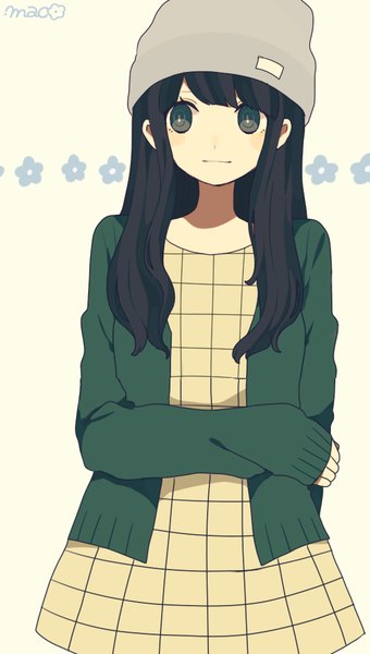 Anime picture 567x1000 with original maco22 single long hair tall image looking at viewer blush fringe black hair simple background white background signed black eyes girl dress sweater cap flower (symbol)