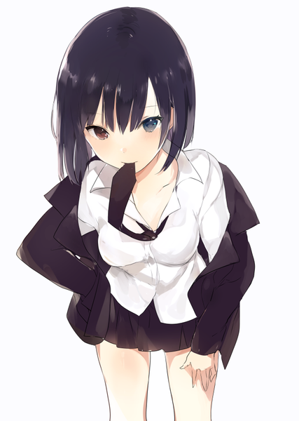 Anime picture 650x914 with original lpip single tall image looking at viewer blush fringe short hair blue eyes black hair simple background white background holding brown eyes payot arm support leaning leaning forward hand on hip heterochromia
