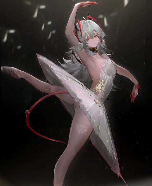 Anime picture 1198x1468 with arknights w (arknights) koio single long hair tall image fringe light erotic simple background hair between eyes standing tail horn (horns) grey hair grey eyes black background standing on one leg ballerina arabesque (pose) girl