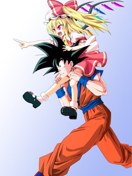 Anime picture 1300x1729 with dragon ball dragon ball z touhou flandre scarlet son goku kamishima kanon long hair tall image blush short hair open mouth black hair simple background blonde hair white background pink eyes grey background teeth loli one side up